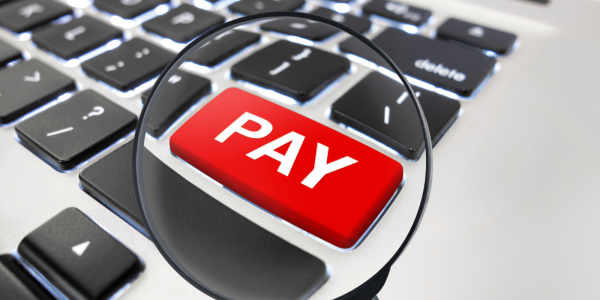 Red key of a keyboard with the word 'PAY' in white text. Red key of a keyboard with the word 'PAY' in white text.