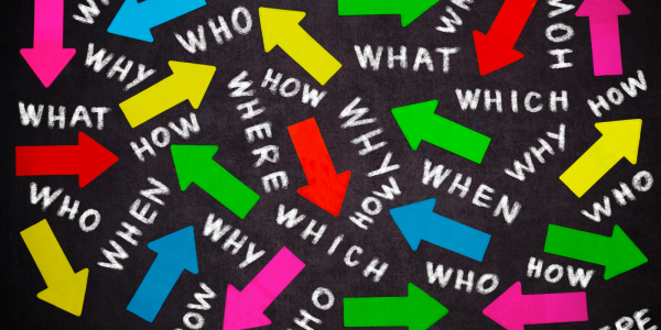 colourful arrows with the words 'WHY', 'WHAT', 'WHO', 'WHEN', 'WHERE', 'WHICH', 'HOW'. colourful arrows with the words 'WHY', 'WHAT', 'WHO', 'WHEN', 'WHICH', 'HOW'.