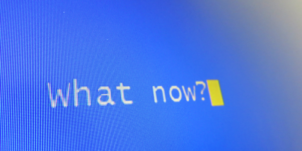 A blue computer screen with the words 'WHAT NOW?' typed in white text. A blue computer screen with the words 'WHAT NOW?' typed in white text.