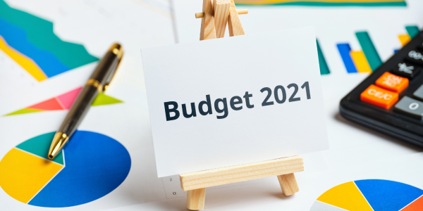A small wooden easel with the words on it reading 'BUDGET 2021' in the background a selection of various graphs and charts can be seen. A small wooden easel with the words on it reading 'BUDGET 2021' in the background a selection of various graphs and charts can be seen.