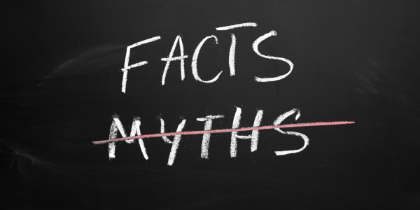 Two words written in white chalk on a chalkboard 'FACTS' and 'MYTHS' the word 'MYTHS' has been crossed out by coloured chalk Two words written in white chalk on a chalkboard 'FACTS' and 'MYTHS' the word 'MYTHS' has been crossed out by coloured chalk