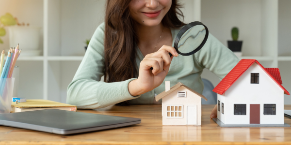 A person looking at a model house through a magnifying glass A person looking at a model house through a magnifying glass