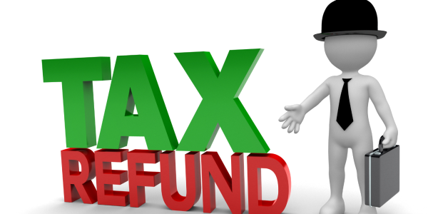 A person wearing a hat, a tie and carrying a briefcase next to the words 'TAX REFUND' A person wearing a hat, a tie and carrying a briefcase next to the words 'TAX REFUND'