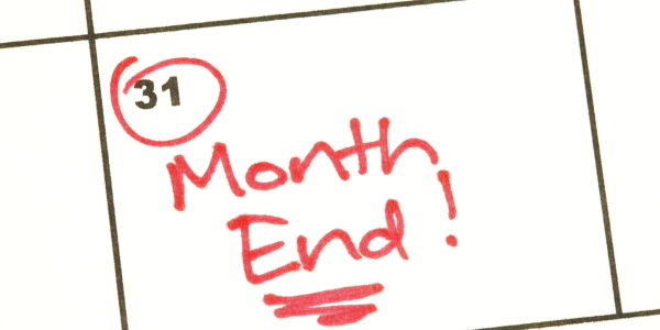 Calendar showing 31st of the month which is circled in red with the words 'MONTH END!' written in red ink. Calendar showing 31st of the month which is circled in red with the words 'MONTH END!' written in red ink.