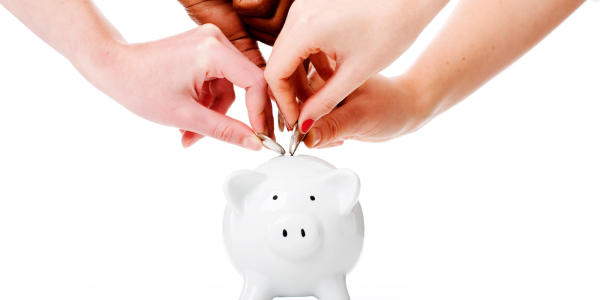 white piggy bank with people putting coins inside white piggy bank with people putting coins inside