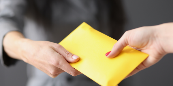 an employer handing an envelope to an employee an employer handing an envelope to an employee