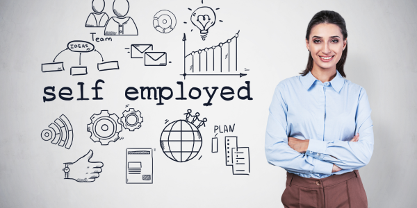 A person stood next to a wall containing the words 'SELF EMPLOYED' with various icons of cogs, wifi, email, team work, lightbulb, thumbs up etc. A person stood next to a wall containing the words 'SELF EMPLOYED' with various icons of cogs, wifi, email, team work, lightbulb, thumbs up etc.