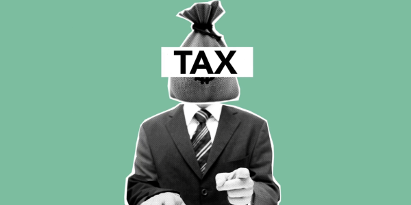 A business person pointing with a money sack for a head and the word 'TAX' on top. A business person pointing with a money sack for a head and the word 'TAX' on top.