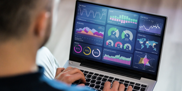 A person looking at data on a laptop A person looking at data on a laptop