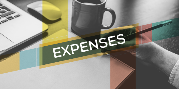A person sat at a desk with a colourful highlight across the image with the word 'EXPENSES' in white text. A person sat at a desk with a colourful highlight across the image with the word 'EXPENSES' in white text.