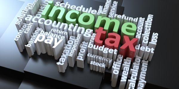 Various white words against a black background, two words are in colour and together read 'INCOME TAX' Various white words against a black background, two words are in colour and together read 'INCOME TAX'