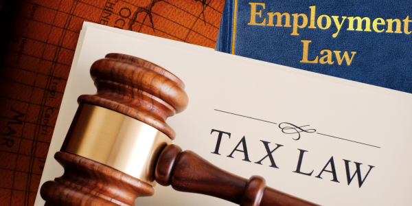 A judges hammer on top of a paper that reads 'TAX LAW' and a book that reads 'EMPLOYMENT LAW' poking out from behind A judges hammer on top of a paper that reads 'TAX LAW' and a book that reads 'EMPLOYMENT LAW' poking out from behind
