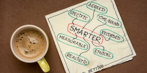 Notes written on a napkin, Acronym of the word 'SMARTER' with new words coming from it. Notes written on a napkin, Acronym of the word 'SMARTER' with new words coming from it.
