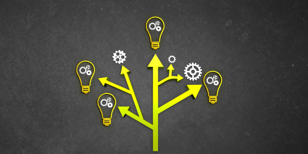 A yellow tree of arrows leading to lightbulbs and cogs A yellow tree of arrows leading to lightbulbs and cogs