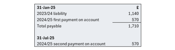 Image shows that the total amount payable on 31 January 2025 is the total liability for 2023/24 plus the first payment on account for 2024/25. The second payment on account is due 31 July 2025
