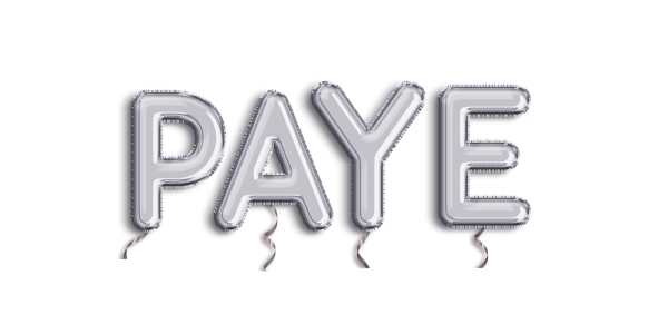 Silver letter balloons spelling out the word 'PAYE' Silver letter balloons spelling out the word 'PAYE'