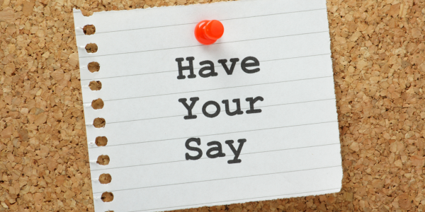 Notice on a corkboard with the words 'HAVE YOUR SAY' on it.