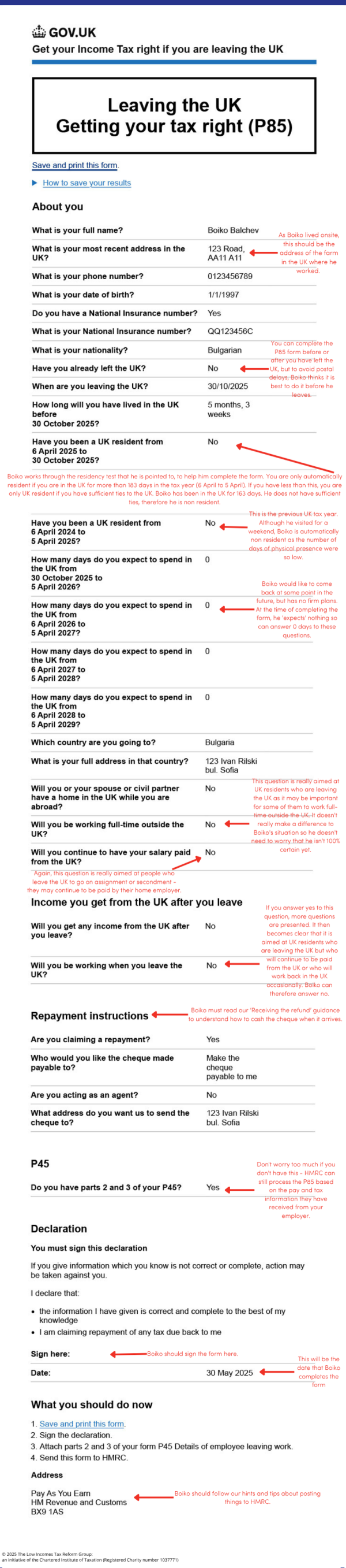 example of a form P85 which sets out how Boiko should answer the questions and why