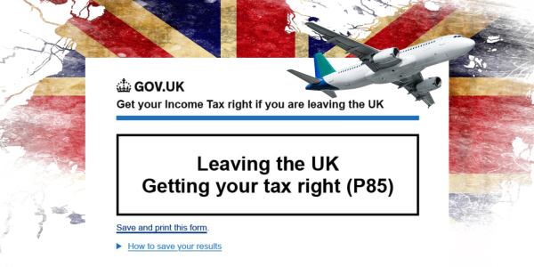 A UK flag in the background with a copy of the form P85 and a plane A UK flag in the background with a copy of the form P85 and a plane