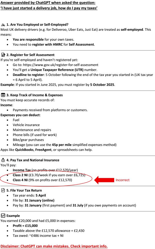 Answer provided by ChatGPT when asked the question ‘I have just started a delivery job, how do I pay my taxes’. Disclaimer: ChatGPT can make mistakes. Check important info Answer provided by ChatGPT when asked the question ‘I have just started a delivery job, how do I pay my taxes’. Disclaimer: ChatGPT can make mistakes. Check important info