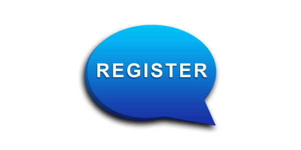 A blue speech bubble with the word 'REGISTER' inside