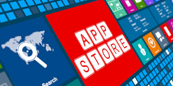 Blue screen with various different coloured and designed tiles, one at the front is red with the words 'APP STORE' 