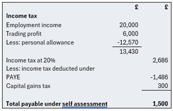 the image shows the calculation of Genoveva’s tax, which deducts the tax already paid at source under PAYE, and includes the capital gains tax. The total payable is £1,500