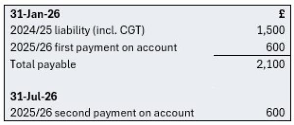 Image shows that the total amount payable on 31 January 2026 is the total liability for 2024/25, including capital gains tax, plus the first payment on account for 2025/26. The second payment on account is due 31 July 2026