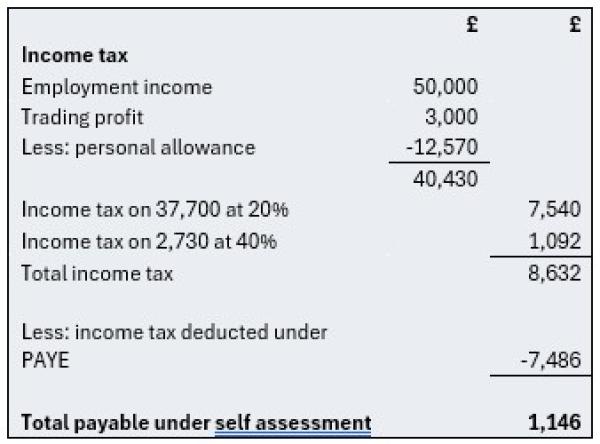 image shows the calculation of Morgan’s tax, which deducts the tax already paid at source under PAYE. The total payable is £1,146.
