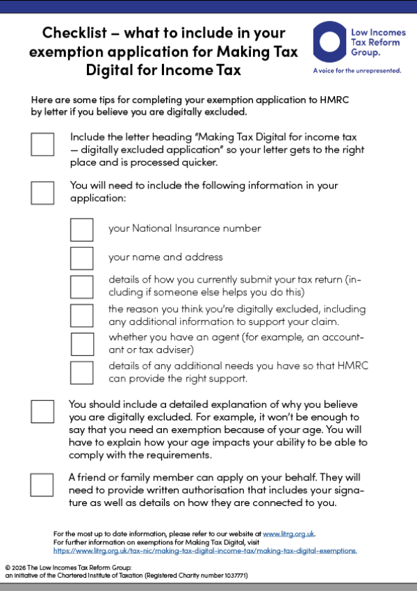Checklist to explain what to include in your exemption application for Making Tax Digital for Income Tax