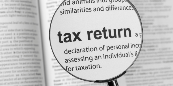 A magnifying glass hovering over the dictionary definition of 'TAX RETURN' 
