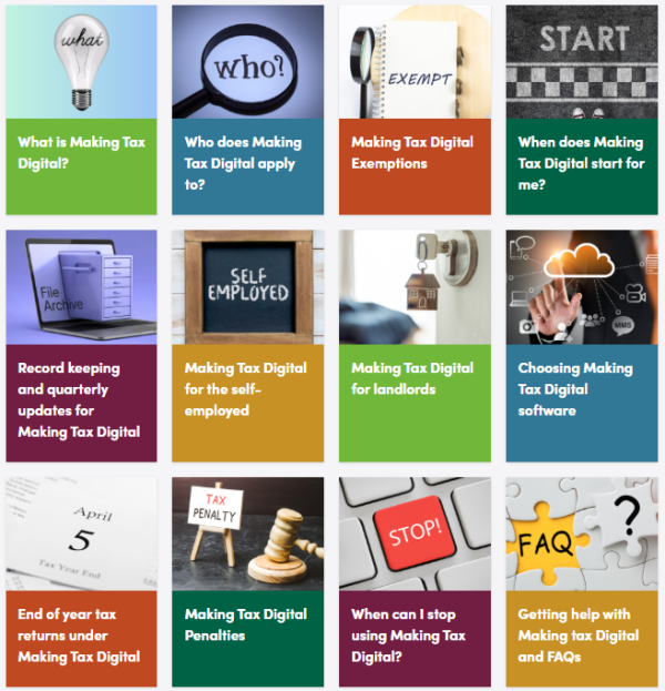 different coloured panels with questions about Making Tax Digital with images