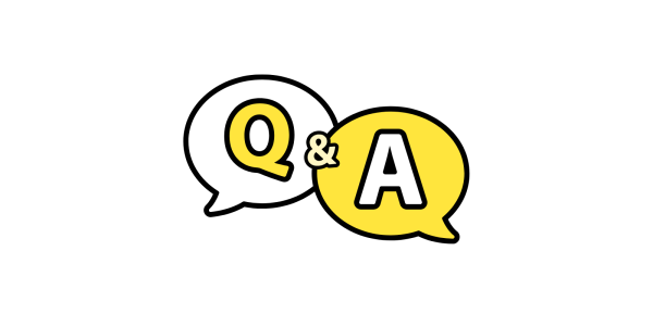 A white background with a white speech bubble with the letter 'Q' inside, a '&' sign and a yellow speech bubble with the letter 'A' inside. 
