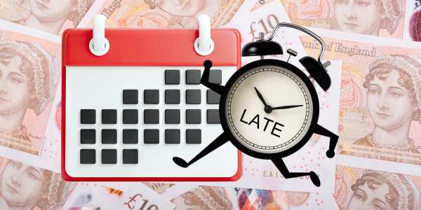 A calendar and a clock with the word 'LATE' across the face and a background of british £10 notes 