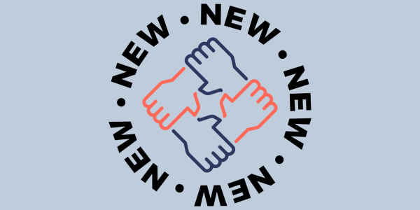 4 hands supporting each other interlinked surrounded by a circle of the word 'NEW' against a pale blue background.