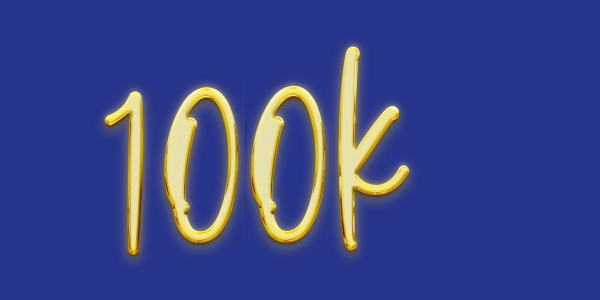 Golden writing spelling out '100K' against a blue background