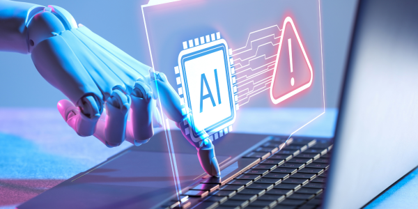 A plastic hand pressing buttons on a computer keyboard and a transparent pop up showing 'AI' on a microchip with lines leading to an exclamation mark symbol