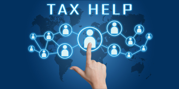 A network of people icons linked together from the central icon, above are the words 'TAX HELP' 