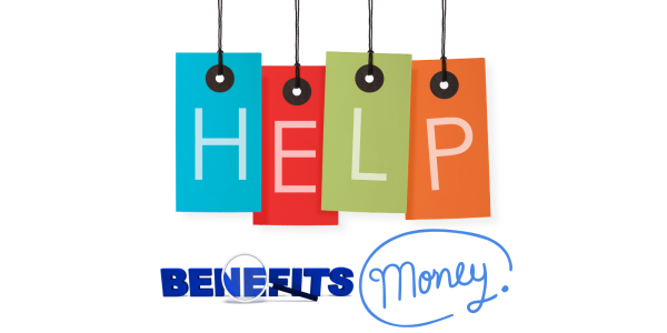 the word 'HELP' hanging on coloured signs, the word 'BENEFITS' with a magnifying glass and the word 'MONEY' against a white background.