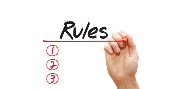 the word 'RULES' in black underlined in red ink with points numbered points 1,2, and 3 below.