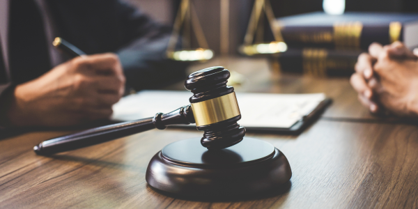 Two people sat with a document between them at a wooden table with a hammer and gavel