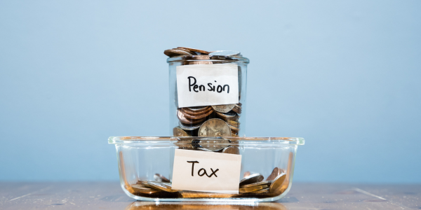 Jar of coins labelled ‘Pension’ above a container of coins labelled ‘Tax’.