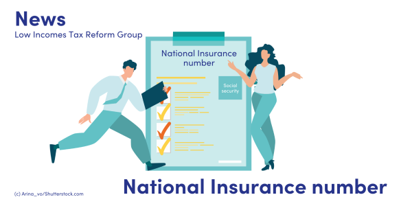 Illustration of man and a woman by a clipboard with the words National Insurance number and social security written on it
