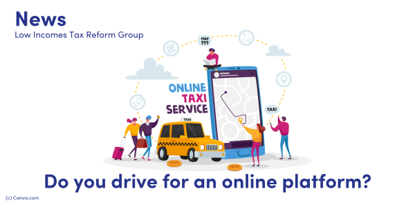 News: do you drive for an online platform? image of a yellow taxi, a banner above stating "online taxi service" a mobile phone showing a route map, people with luggage and coins scattered around the picture.  