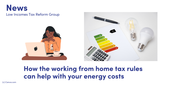 News: How the working from home tax rules can help with your energy costs. Illustration of a woman sitting at a desk, using a laptop, and pictures of light-bulbs, a pen and a calculator.