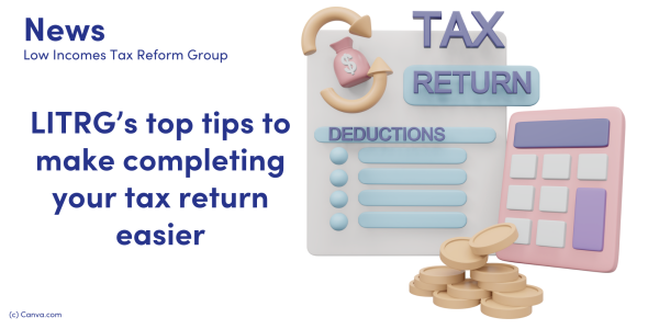 coloured image of a tax return, calculator pile of coins, with the words tax return and deductions. 