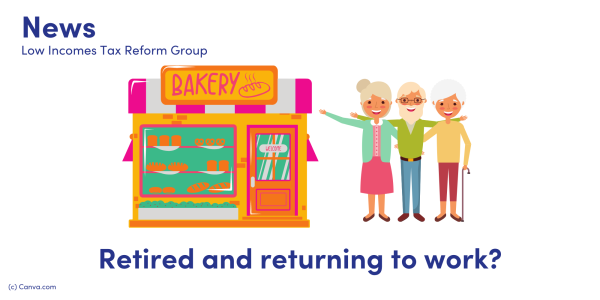 NEWS: Retired and returning to work? Image of a bakery on the left and 3 elderly people with walking stick and grey hair on the right. 