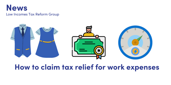 How to claim tax relief for work expenses. Illustration of uniforms and a mileage indicator.