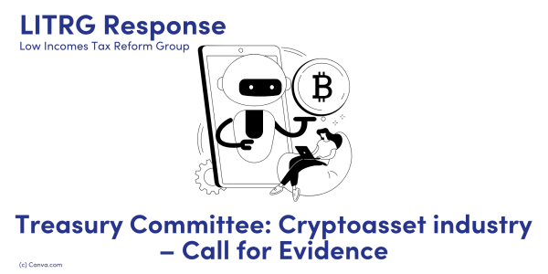 LITRG Response: Treasury Committee: Cryptoasset industry – Call for Evidence. image of a small robot coming out of a mobile phone offering crypto currency to the lady sat on a beanbag playing on her laptop. 