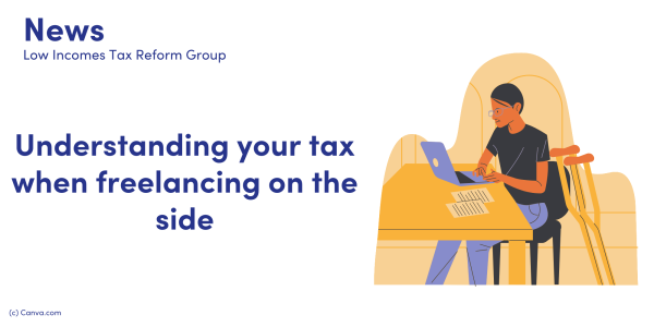 News: Understanding your tax when freelancing on the side. Illustration of a man sitting at a desk, working on a laptop.